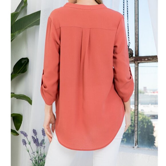 NEW Light Orange Quarter Tab Sleeve Solid Woven V Neck Blouse - Picture 3 of 9